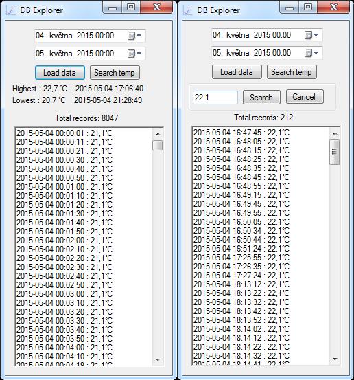 Obr. 7.8: Aplikace PLC-Temperature - Procházení databáze 7.