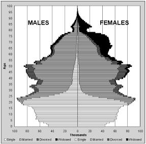 Věková pyramida populace ČR - rok 2001 Pozn.: Na ose x je znázorněn absolutní počet muţů a ţen v tis., na ose y potom věk.