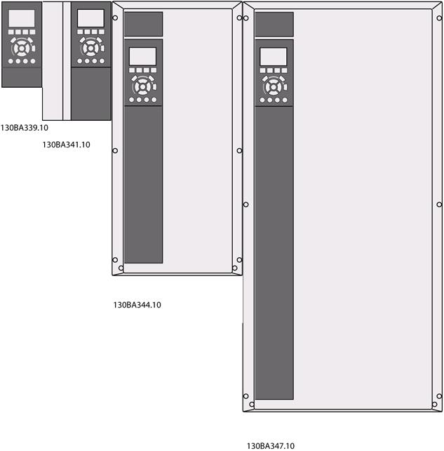 3. Mechanická instalace 3.2. Montáž 3.2.1. Montáž 3 Měniče řady Danfoss VLT lze namontovat vedle sebe pro všechny hodnoty IP a kvůli chlazení musí být nad a pod jednotkou volný prostor 100 mm.