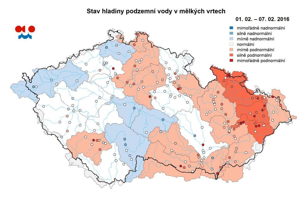 Mapa ukazuje stav podzemní vody ve sledovaných vrtech a oblastech povodí dle pravděpodobnosti překročení úrovně hladin v daném kalendářním měsíci v referenčním období 1981 2010 (viz text).