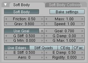 V záložce Soft Body je možné nastavit v Bake settings první a poslední klíčový snímek, mezi kterými dojde k přepočítání efektu v tolika krocích, kolik stanovuje proměnná Interval.