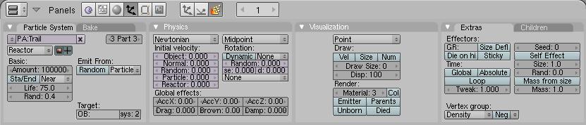 nastaví se materiál číslo 2 v panelu Visualization a současně v Bake se nastaví koncový snímek na 500. Nyní se nastaví Materiál pro první částicový systém.