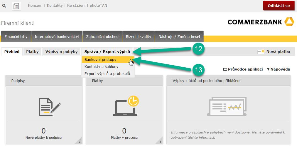 V menu internetového bankovnictví zvolte položku Správa / Export